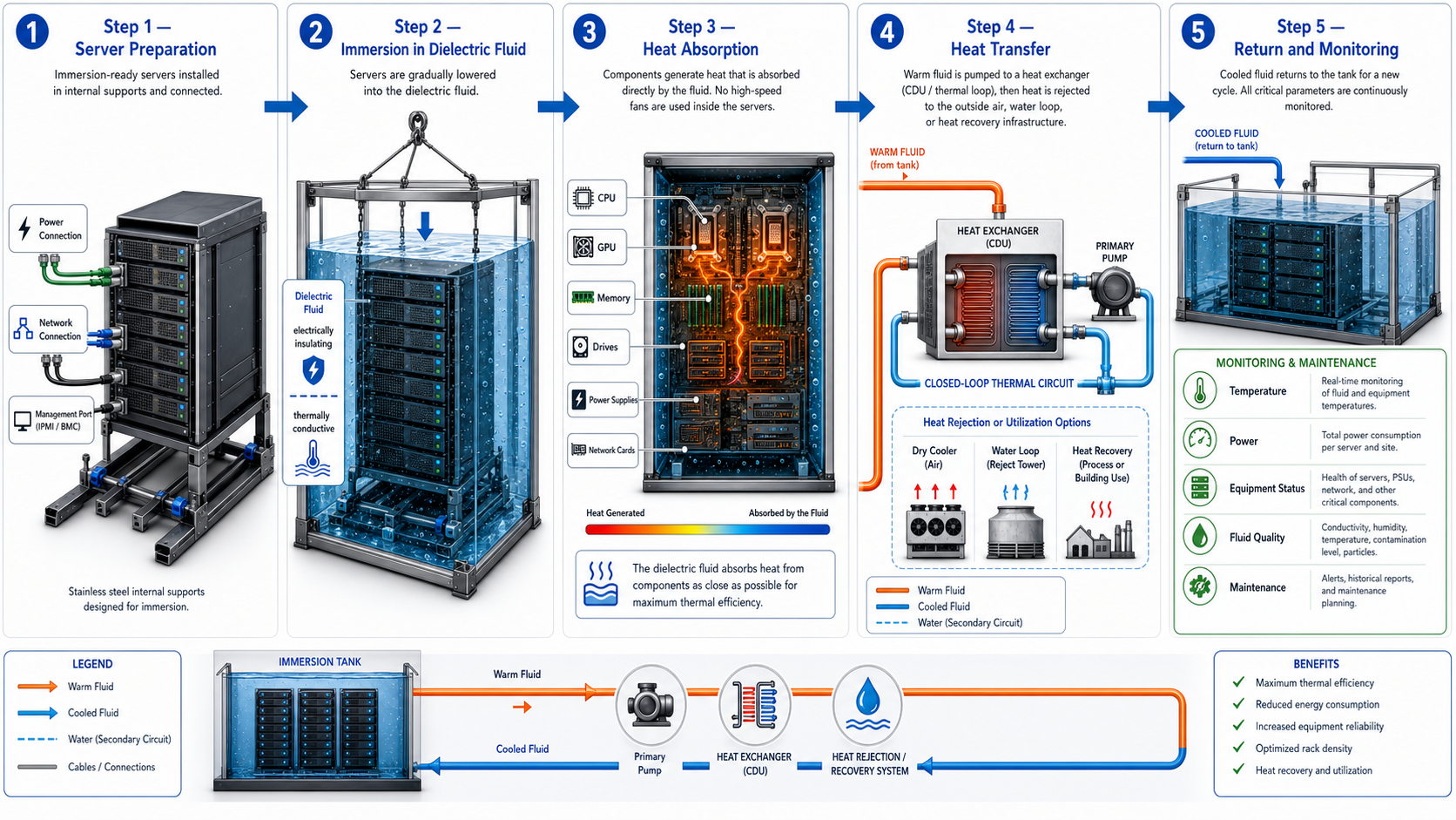 The 5 operating steps - English diagram of the five VOLTANEUM immersion cooling operating stages.