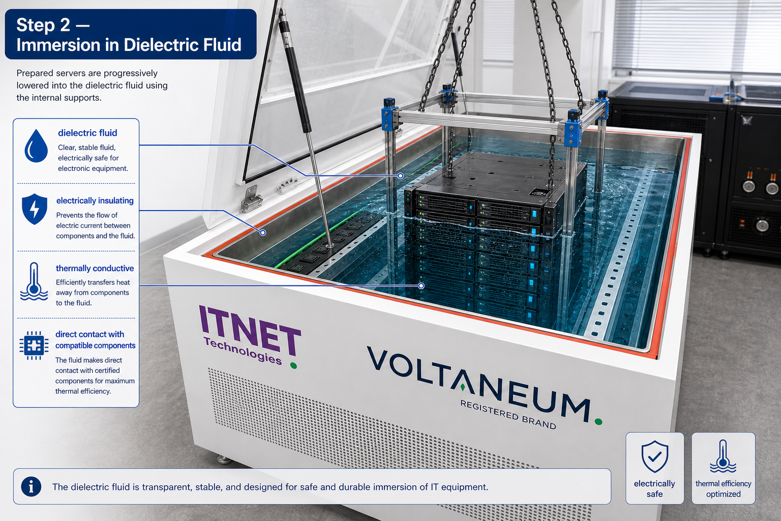 Step 2: immersion in dielectric fluid - English step 2 diagram with servers immersed in dielectric fluid.