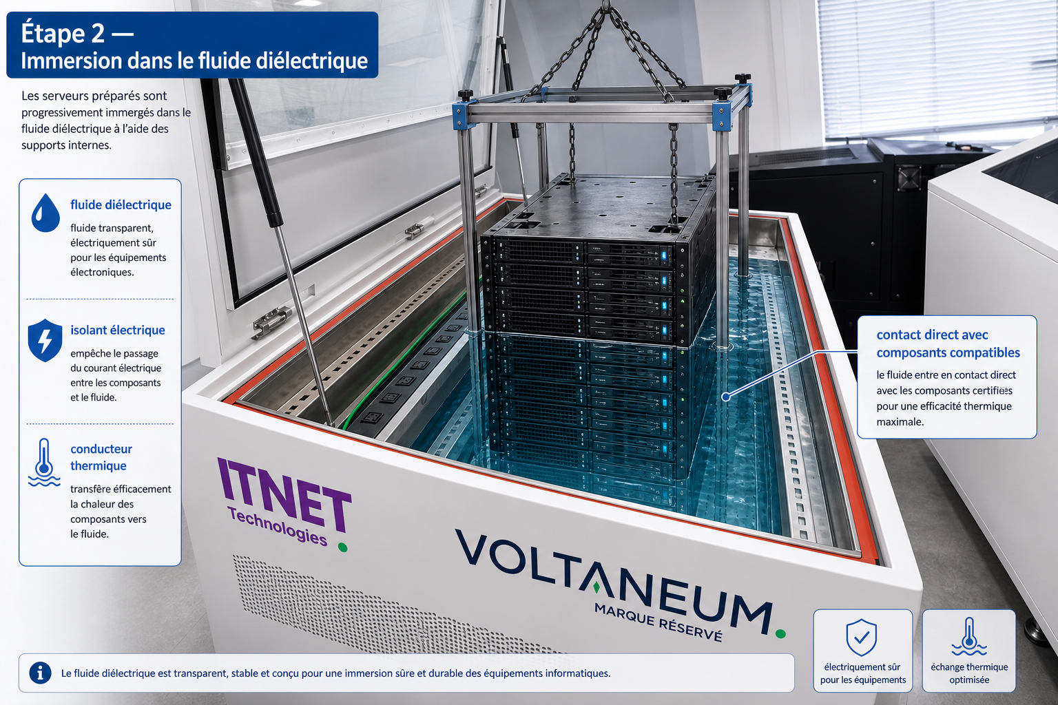 Étape 2 : immersion dans le fluide diélectrique - Étape 2 : immersion complète dans un fluide diélectrique isolant et thermiquement conducteur.