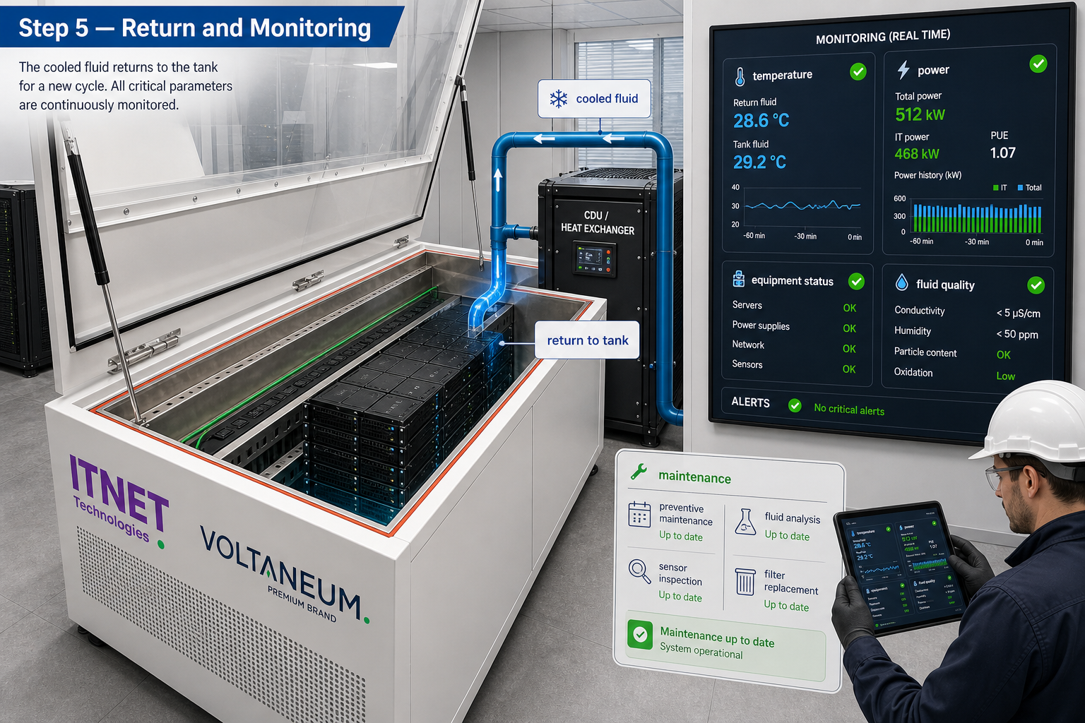 Step 5: return and monitoring - English step 5: cooled fluid return, real-time monitoring and maintenance.