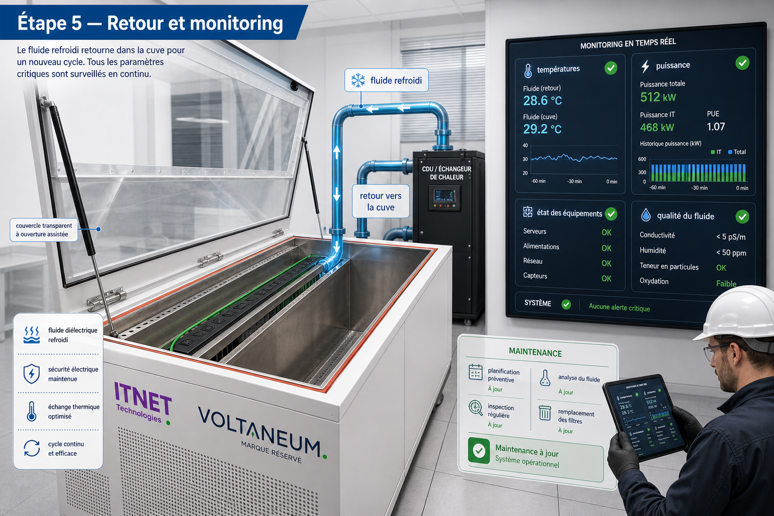 Étape 5 : retour et monitoring - Étape 5 : retour du fluide refroidi, monitoring des températures, puissance, équipements et qualité du fluide.